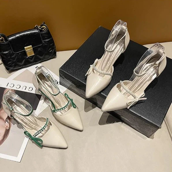 Women Pearl Pumps Heeled Pointed Toe with Side Bowknot