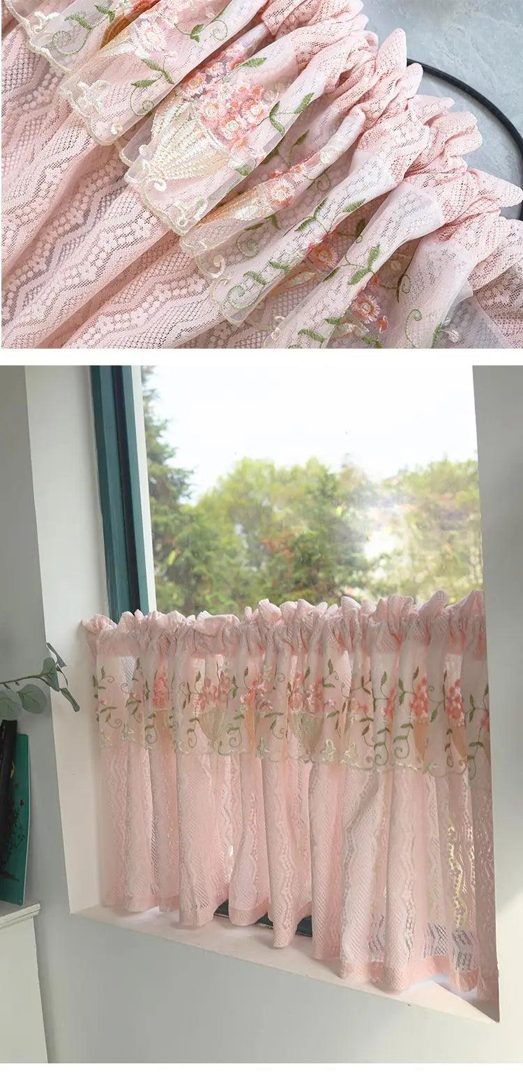 Pink Small Window Short Curtain Embroidery Floral Lace Half Window Curtains Sheer Tulle Home Decoration