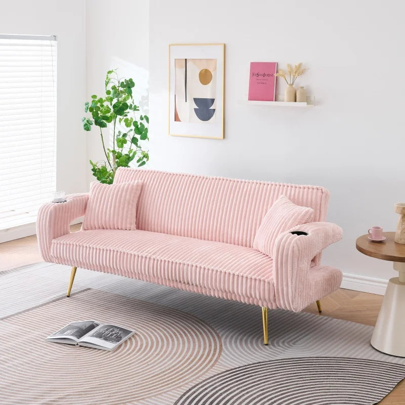 Dreamy Adjustable Pink Sofa Bed with Cup Holders Modern Comfort Corduroy Lounge Couch for Living Room Home Minimalist Loveseat