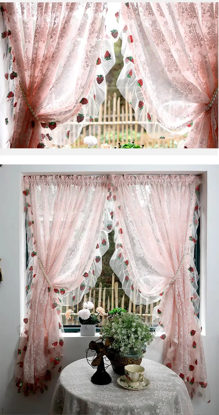 French Pink Lace Cute Strawberry Sequin Lace Curtains