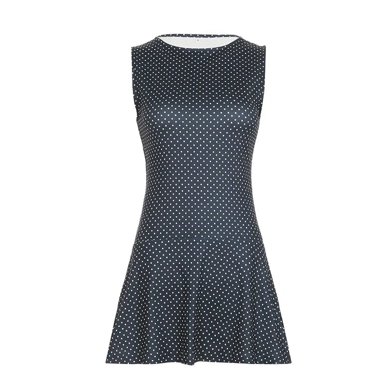 Sleeveless Short Dot Print Women Dresses Slim Fit Elegant Simple Office Lady Trendy Clothes