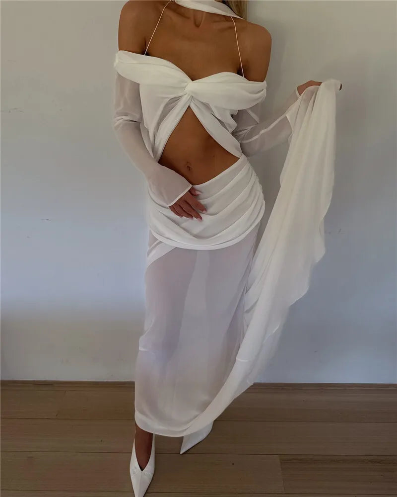 Hollow Out Ruched Sexy Maxi Dress Women Gown Halter Long Sleeve Strapless Backless Draped Slim Elegant Long Dress