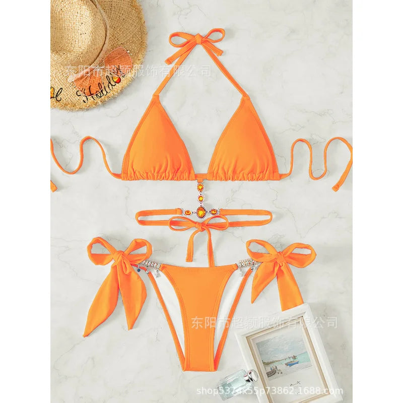 Women's Swimwear Crystal Diamond Triangle Bandage Backless Beach Bikini Swimsuit