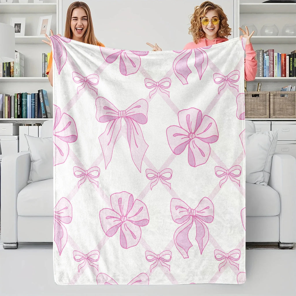 Pink Bow Blanket, Flannel Decorative Blanket, Bedding Accessories, Soft Cozy Warm Blanket
