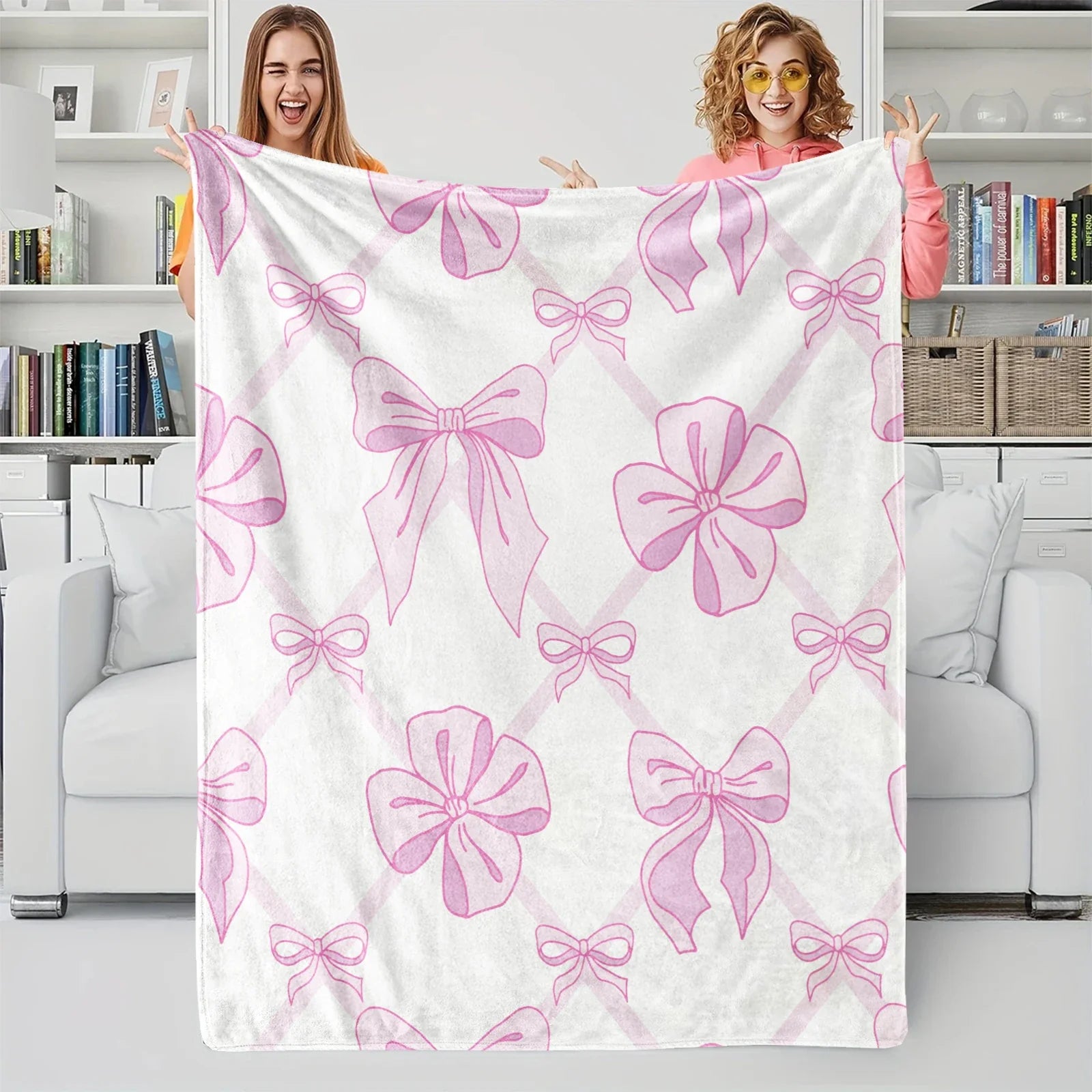 Pink Bow Blanket, Flannel Decorative Blanket, Bedding Accessories, Soft Cozy Warm Blanket