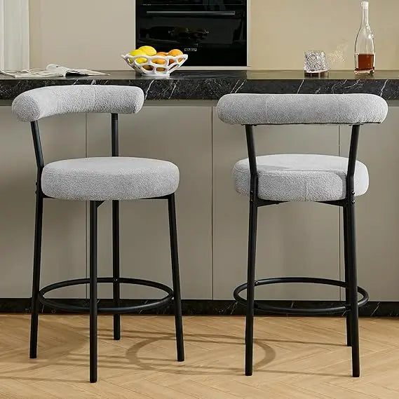 Modern Bar Stools Set of 2 Counter Height Bar stools with Curved Open Back 4'' Round Thick Upholstered Wrinkled Velvet Fabric Set