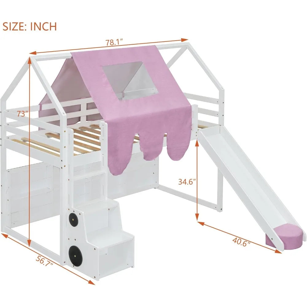 Twin House Loft Bed with Stairs and Slide, House Loft Bed with Storage Shelves,Stairway Playhouse Beds with Roof Tent and Ladder