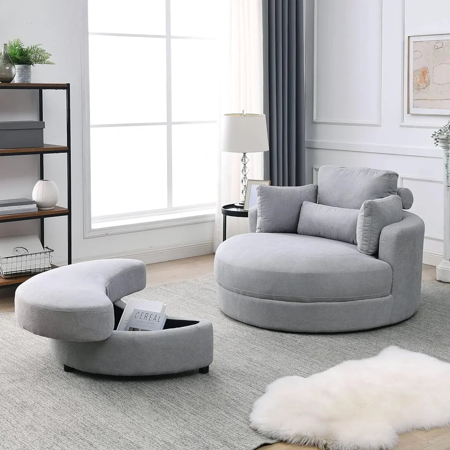 Swivel Book Nook Chair with Storage Ottoman and 4 Movable Pillow Backrest, 360° Rotating Round Barrel Sofa Chair