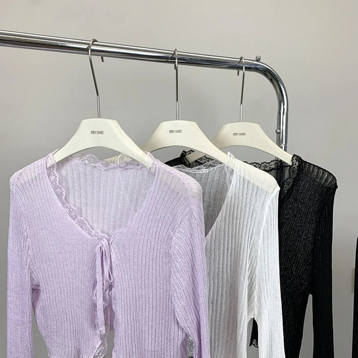 Lace Knitted Cardigans Long Sleeved Short Lace-Up Thin Shawl