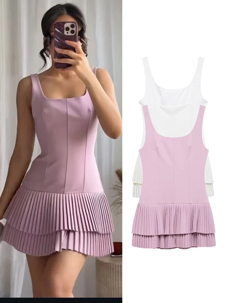 Elegant Women Solid Pleated Mini Dress Square Collar Backless Folds Slim Dress Fashion Sleevelesss