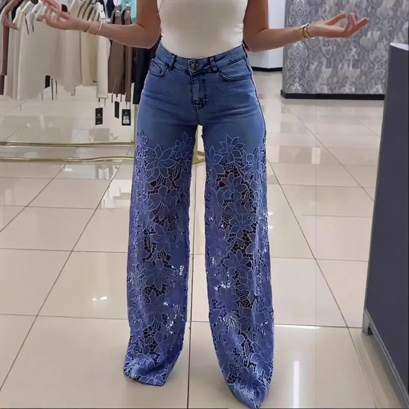Vintage Hollow Out Lace Flowers Lady Jeans Loose Straight Denim Pants High Street Elegant Summer New Trousers Chic Fashion Pant