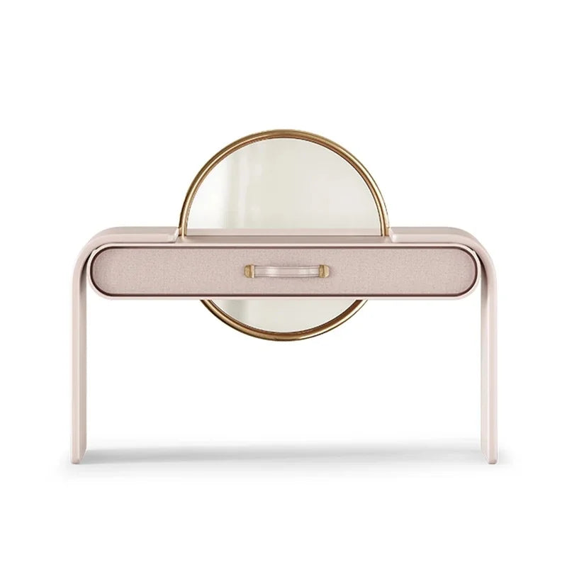 Modern Pink Makeup Table Cabinet with Mirror and Drawer Minimalist Wood Dresser Furniture