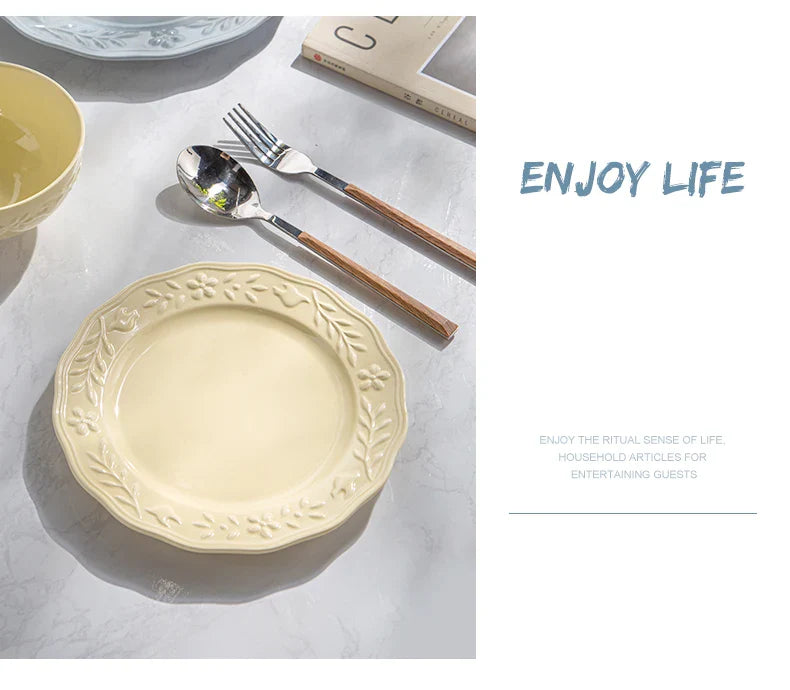 Glossy Solid Ceramic Serving Plate Floral Print Cute Bowl Versatile Dishes Simple Kitchen Tablewares