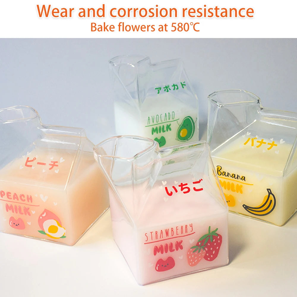 Kawaii Square Milk Carton Glass Cup Heat Resistant Cute Strawberry Peach Breakfast Cup Pudding Cup 380ml