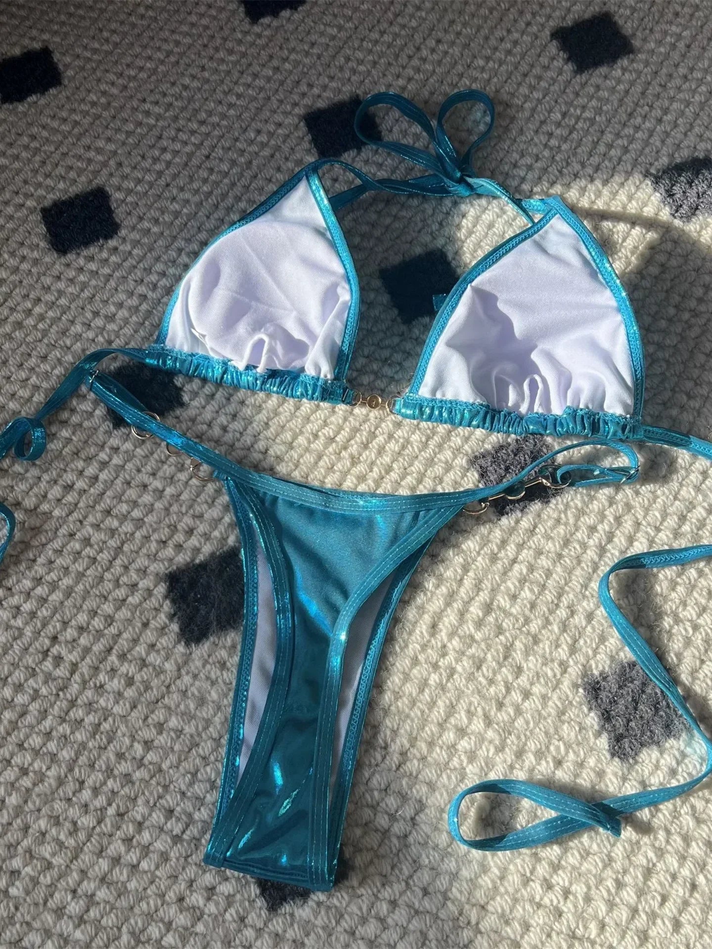 Shiny Micro Bikini Women Sexy PU Pearls Push Up Thong Swimsuit Summer Bathing Suit