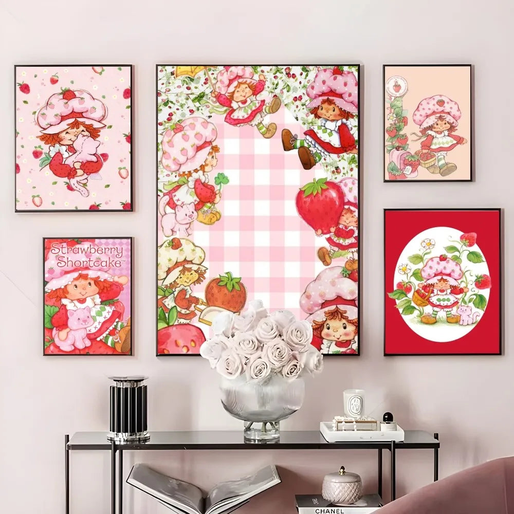 Cartoon Strawberry Shortcake Poster Cute Pink Room Decor Printing Home Decoration Waterproof Bathroom Room BedRoom Posters