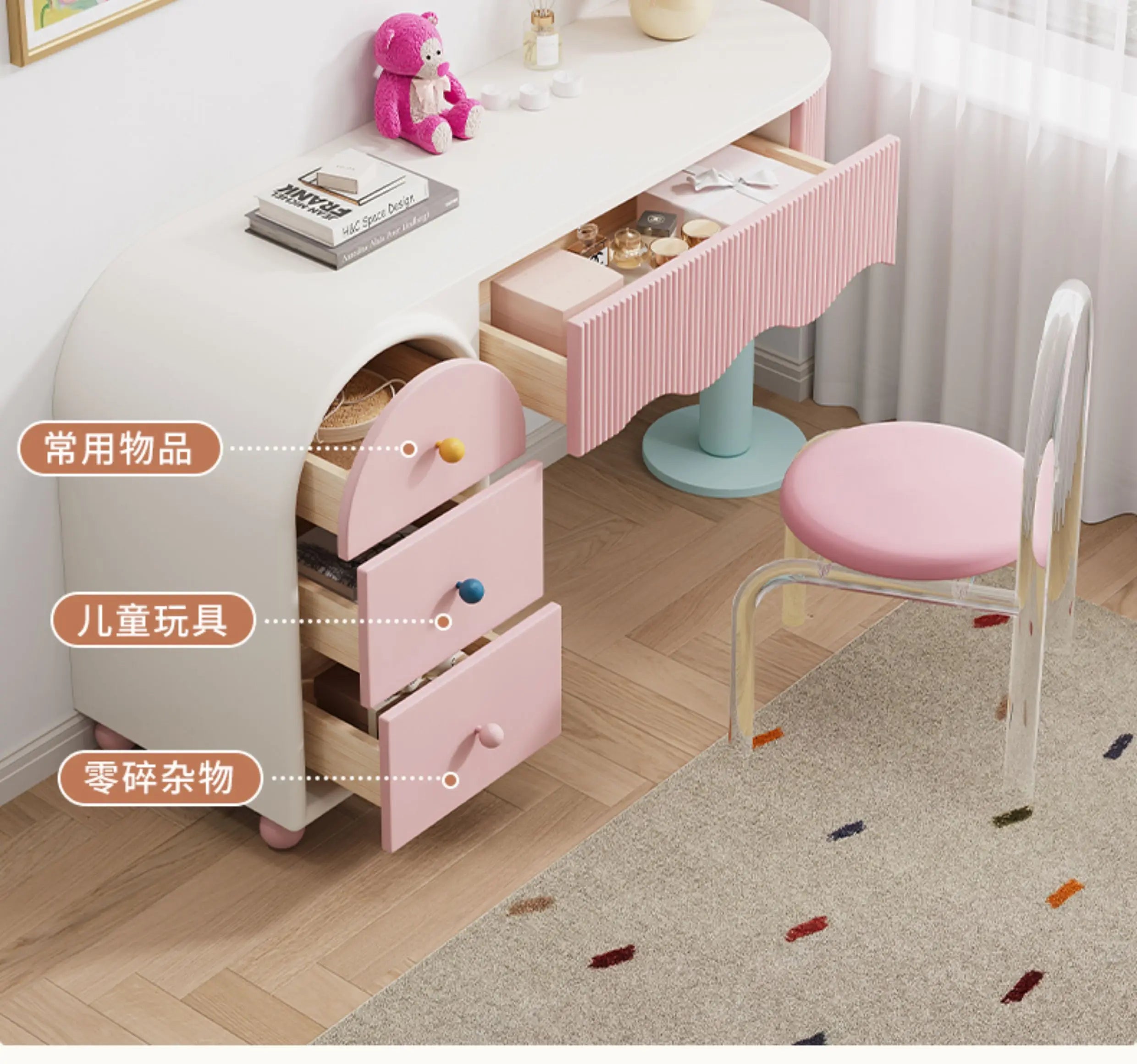 Pink Dresser, Bedroom Dresser, Cream Wind Solid Wood Integrated Chest Cabinet, Makeup Table, Storage Cabinet
