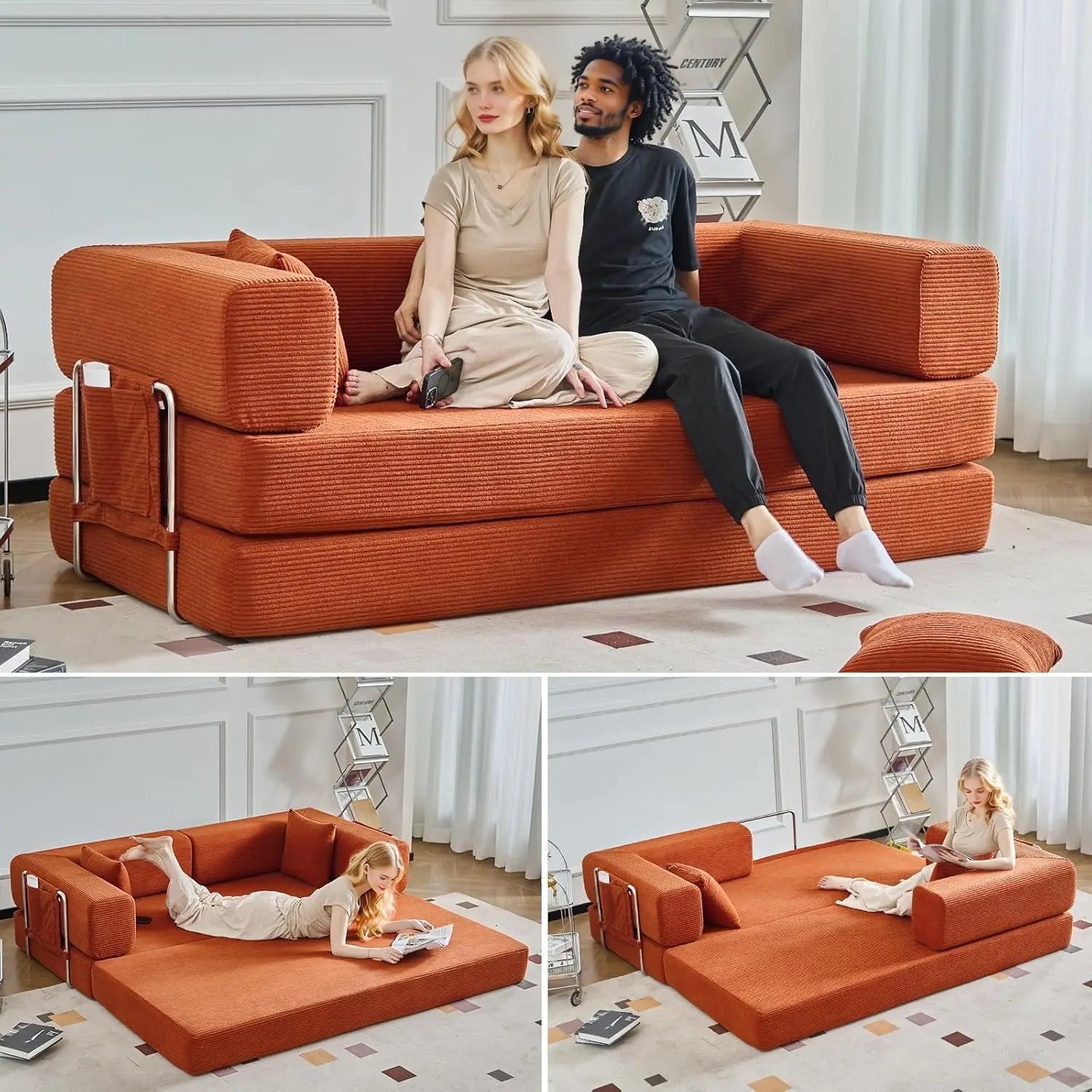 Combination Modular Sofa Living Room Folding Sofa Bed Convertable Corduroy Couch Floor Sleeper 4-in-1 Comfy Foldable Lazy