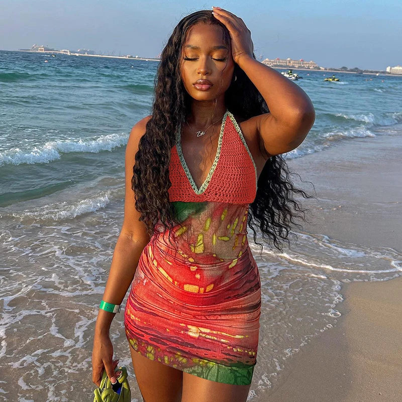 Halter Knitted Scenery Print Backless Lace Up Sexy Mini Dress Women Fashion Clothes