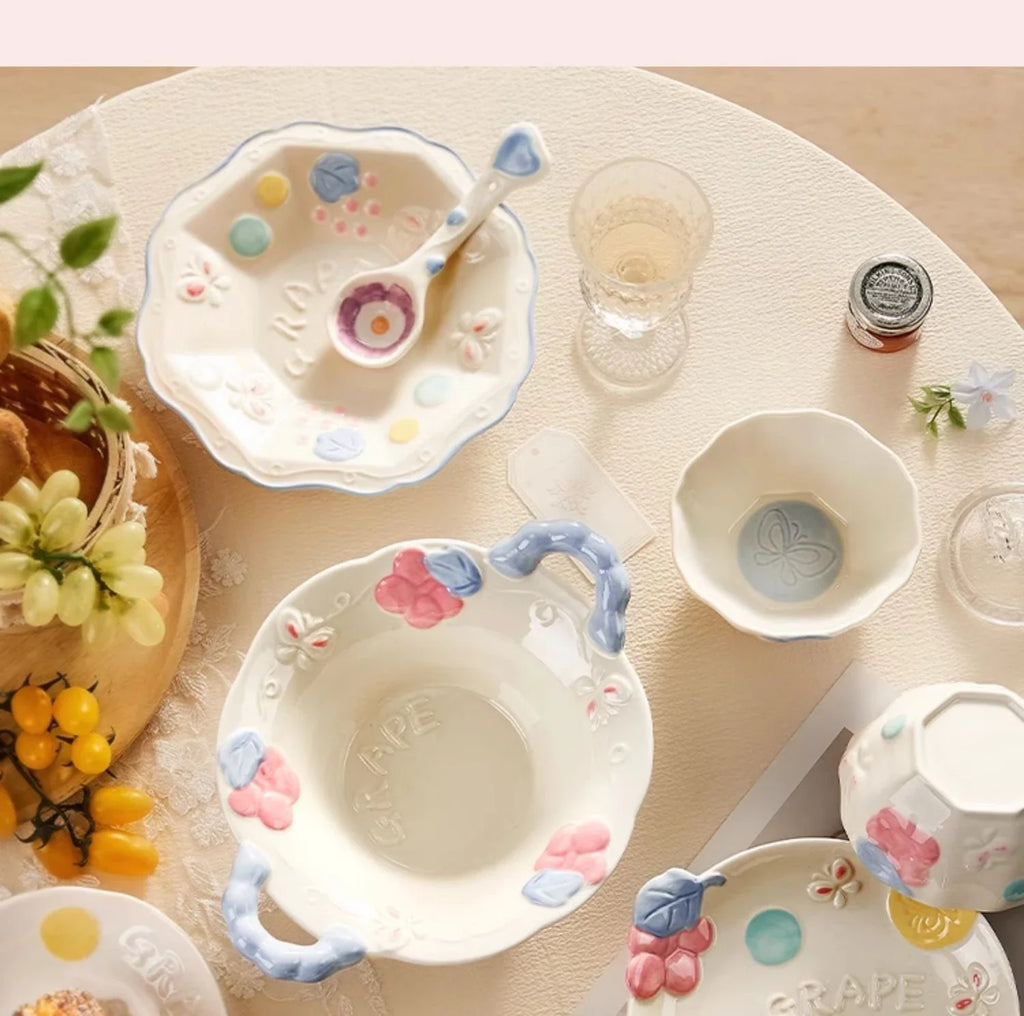 Cute Pattern Ceramic Plates Print Round Deep Tableware