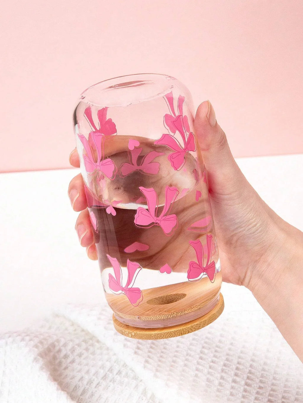 Cute Bow Glass Cup Love Cherry Bow Pattern With Lids & Straw 500ml