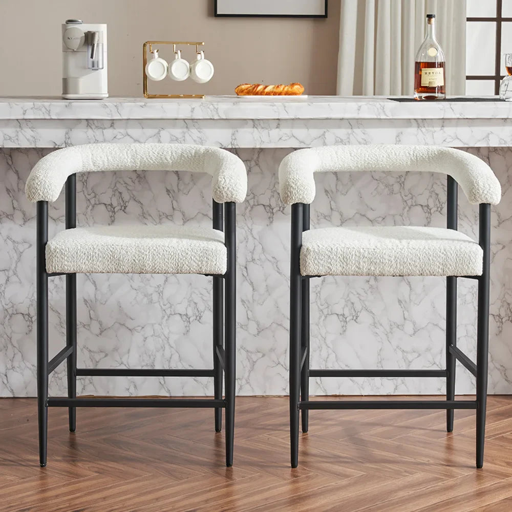 Modern Upholstered Bar Stools Set of 2, Boucle Fabric Counter Height Chairs, Kitchen Island Bar Chairs for Home, Dining Room