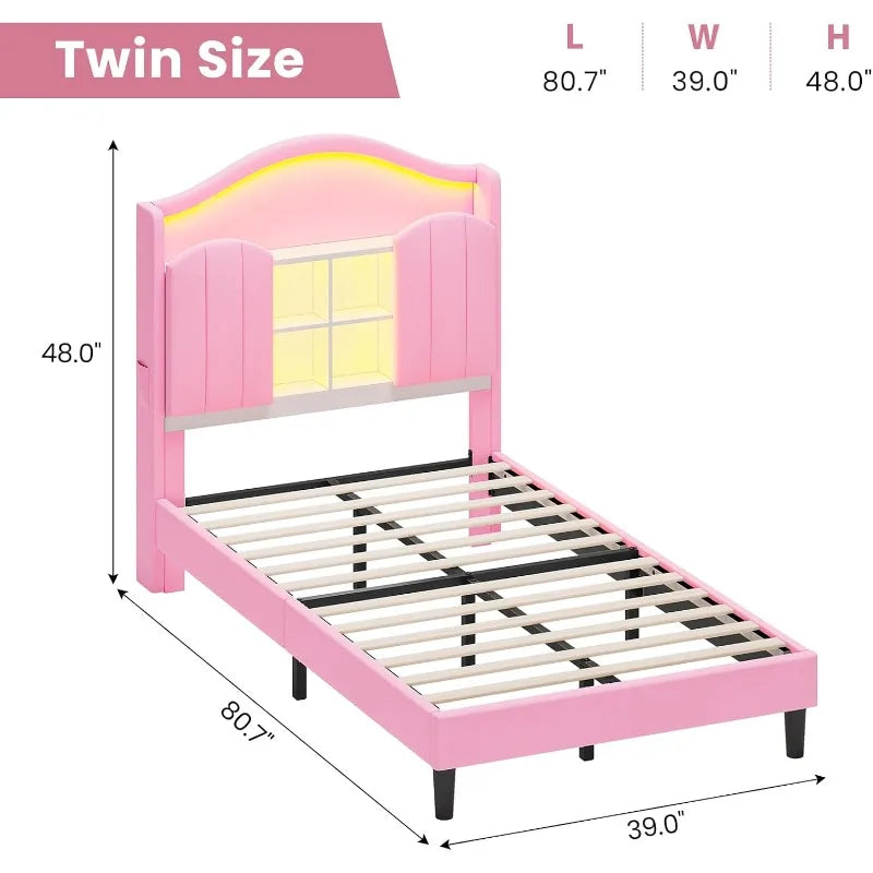 Pink Twin Bed Frame with LED Lights, Princess Velvet Upholstered Platform Bed , Headboard with Charging Station & Hidden Storage