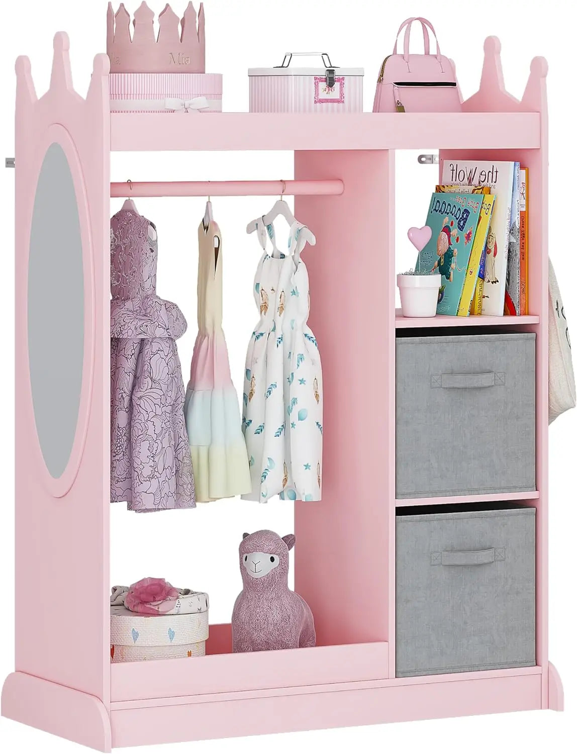 Kids Armoire Wardrobe Closet with Mirror and Storage Bin, Pink,  33.4 in W x 15.75 in D x 44.5 in H