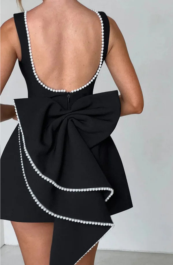 Elegant Pearl Bow Backless Sexy Mini Dress Women's Luxury Party Short Dresses