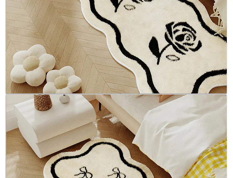 Rose Bow Heart Long Floor Mat Runner Rug Soft Fluffy Black White Cute Girl Home Decoration Rugs