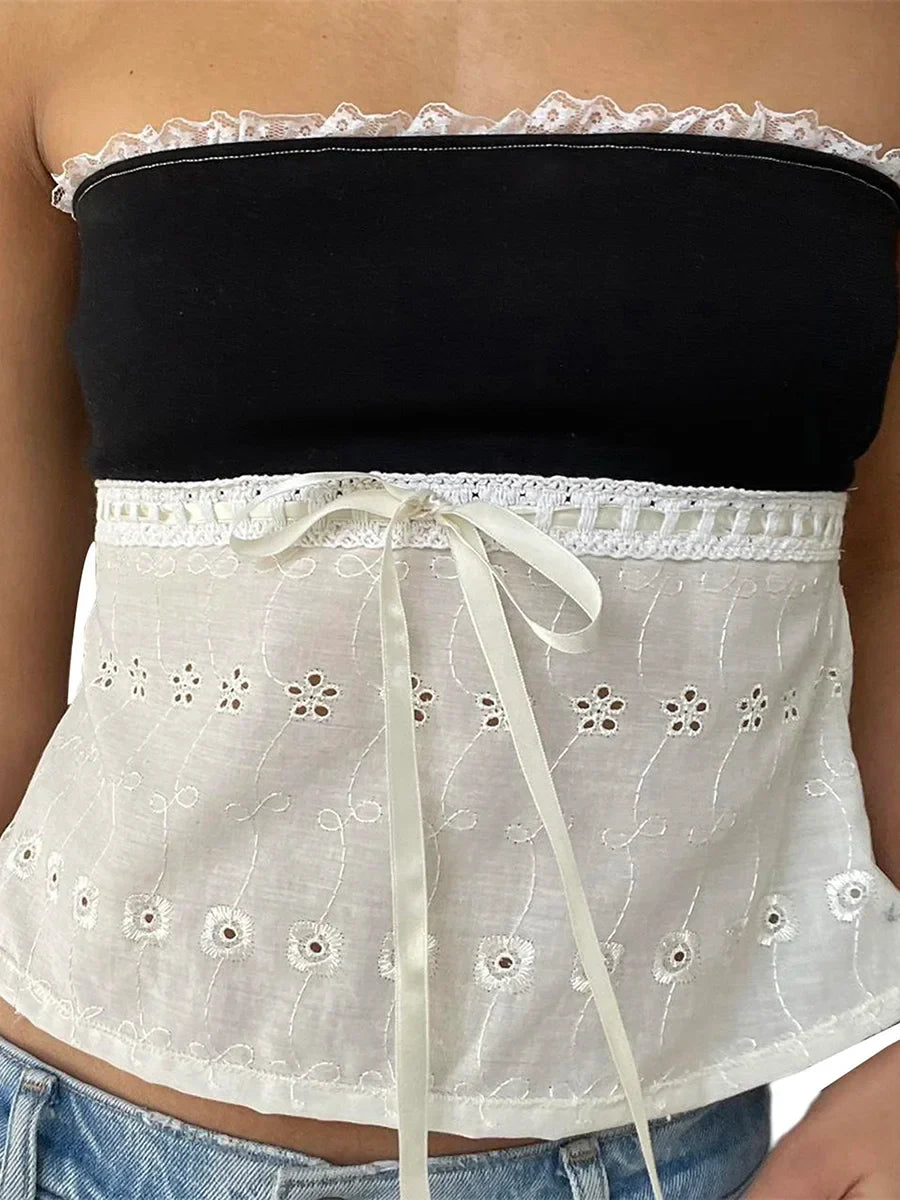 Women's Bandeau Top Kawaii Bow Lace Frill Strapless Tube Tops Summer Sexy Off Shoulder Backless Tie-up Vest Y2k Streetwear
