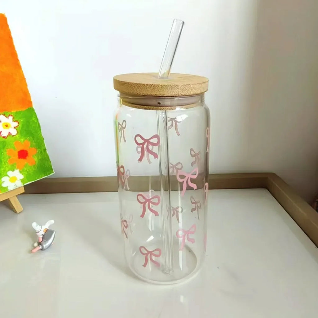 Cute Bow Glass Cup Tumbler Mason Jar Shaped With Lids & Straw