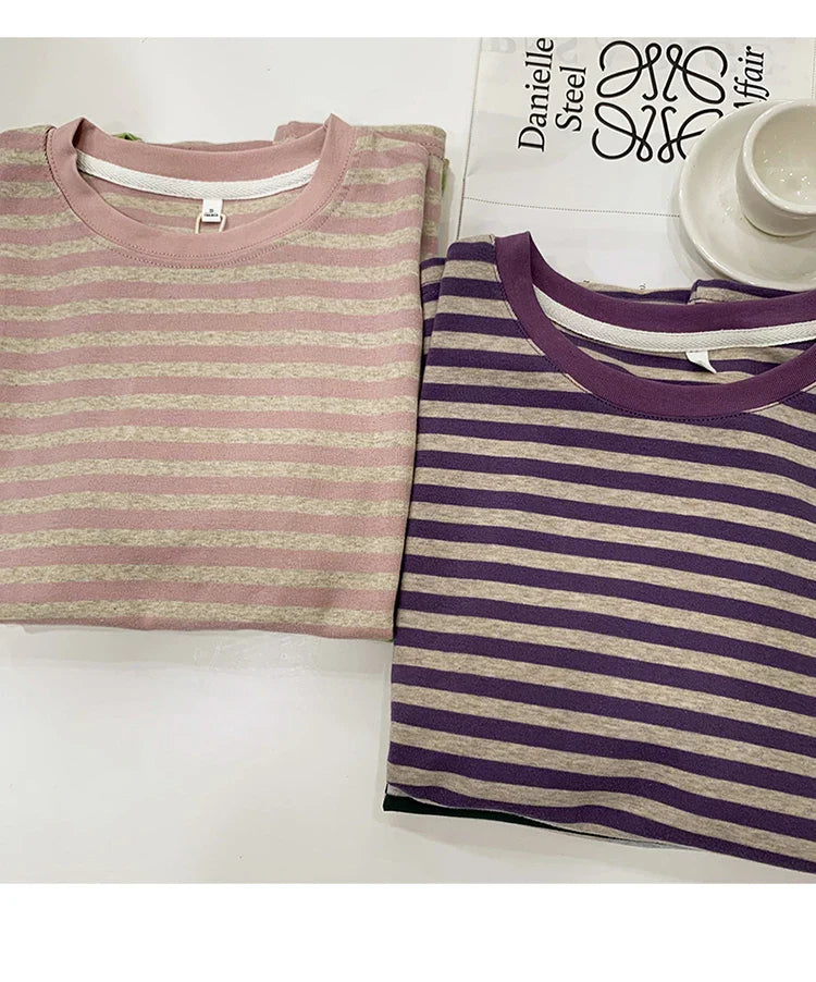 Summer Short Sleeve Striped T-Shirts Versatile Women Knitted Basic Casual Tops Female Cozy Loose Cotton Tees