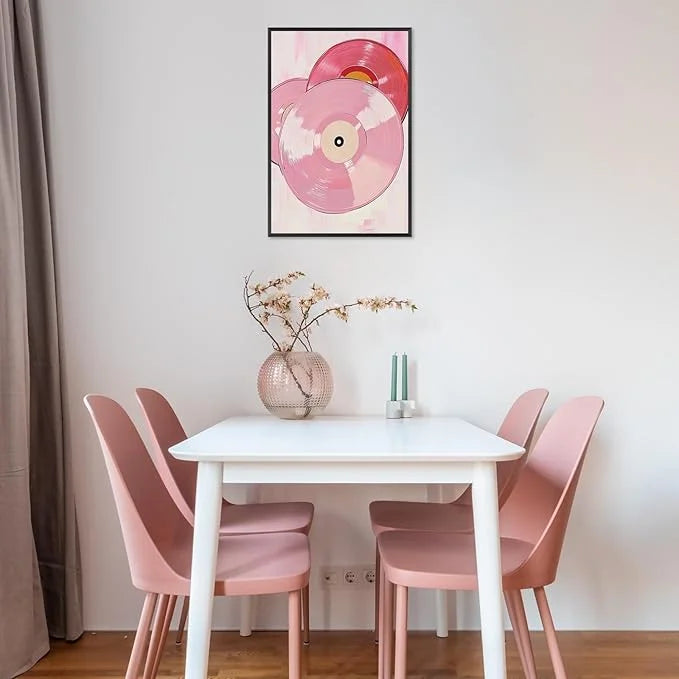 Retro Vinyl Rotation Art - Pink Record Disc Trio Frameless Decorative Painting for Music Lover's Wall