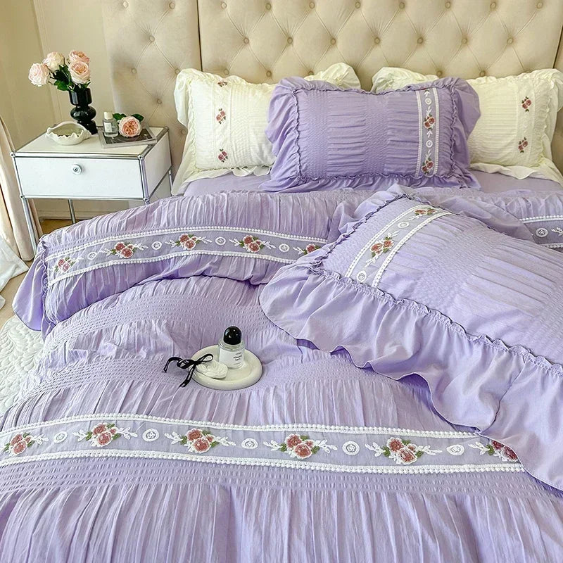 French Embroidered Lace Bubble Gauze Bedding Set Elegant Princess Style Duvet Cover Set Ruffled Comforter Cover Sets