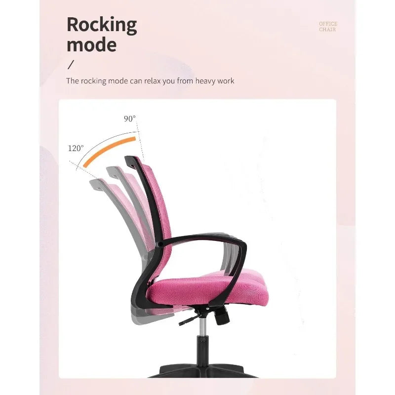 Pink Mid Back PC Swivel Lumbar Support Adjustable Desk Task Computer Mesh Chair with Armrest