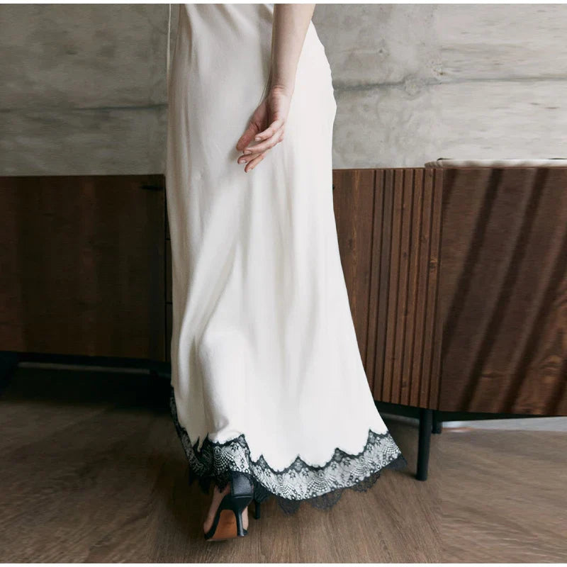 Sexy Lace Patchwork Satin Sling Long Slim V-neck Sleeveless Backless Maxi Dress