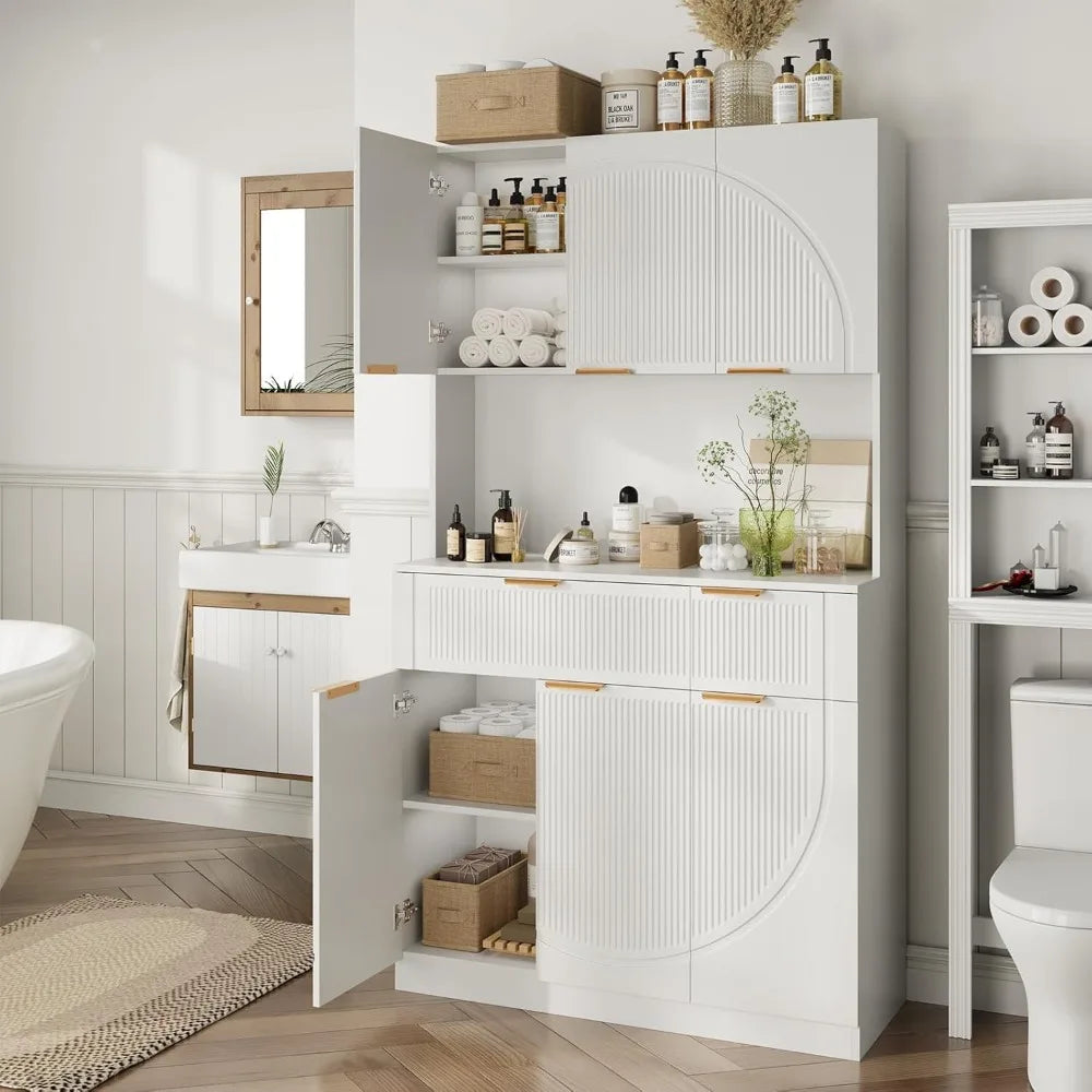 Kitchen Pantry With Charging Station, White Modern Hutch With Drawers & Microwave Stand, Buffet Cabinet With Countertop