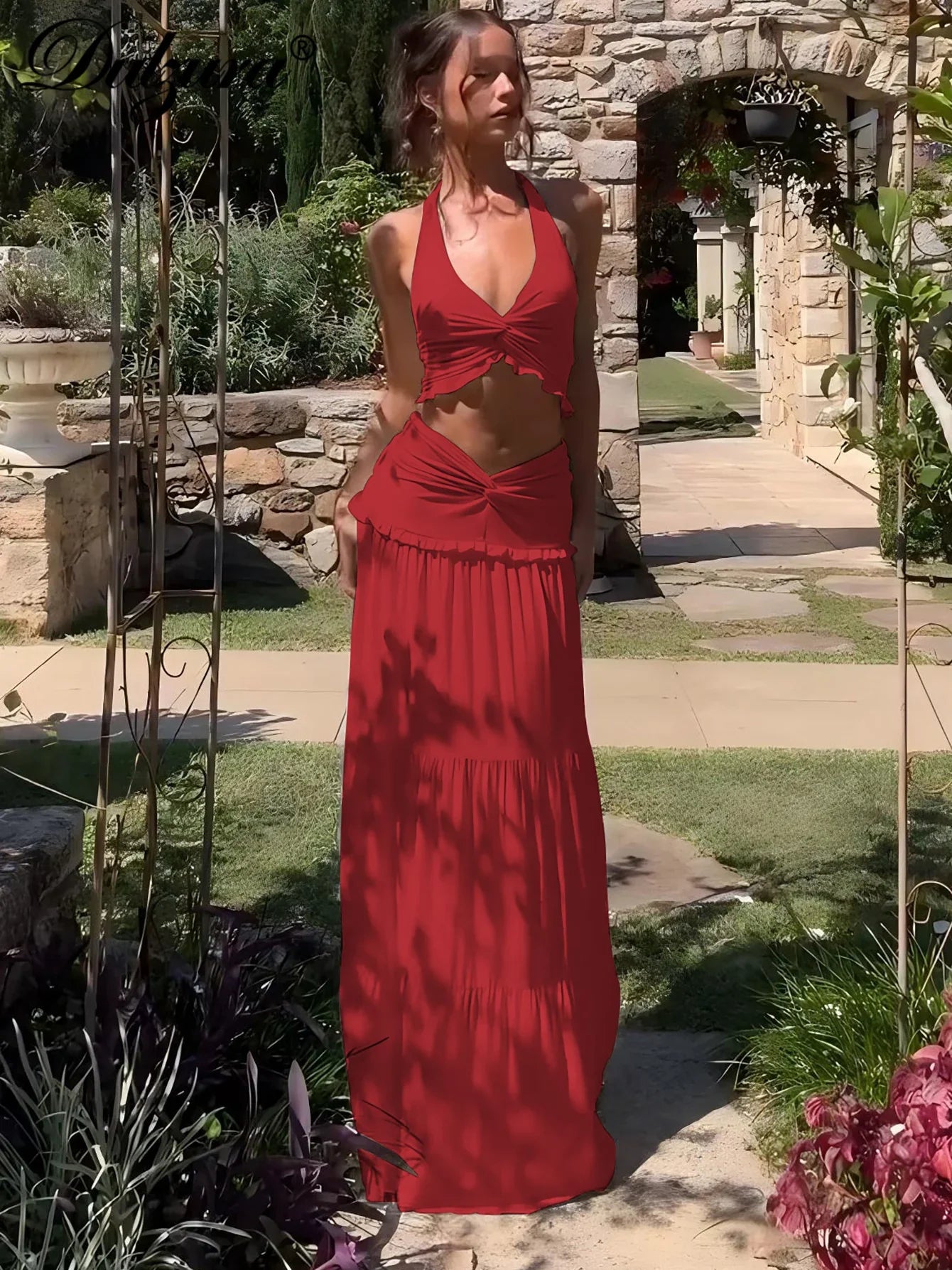 Sexy Elegant Ruched 2 Piece Skirt Set Lace Up Ruffles Patchwork Crop Top Tiered Maxi Skirt Matching Set