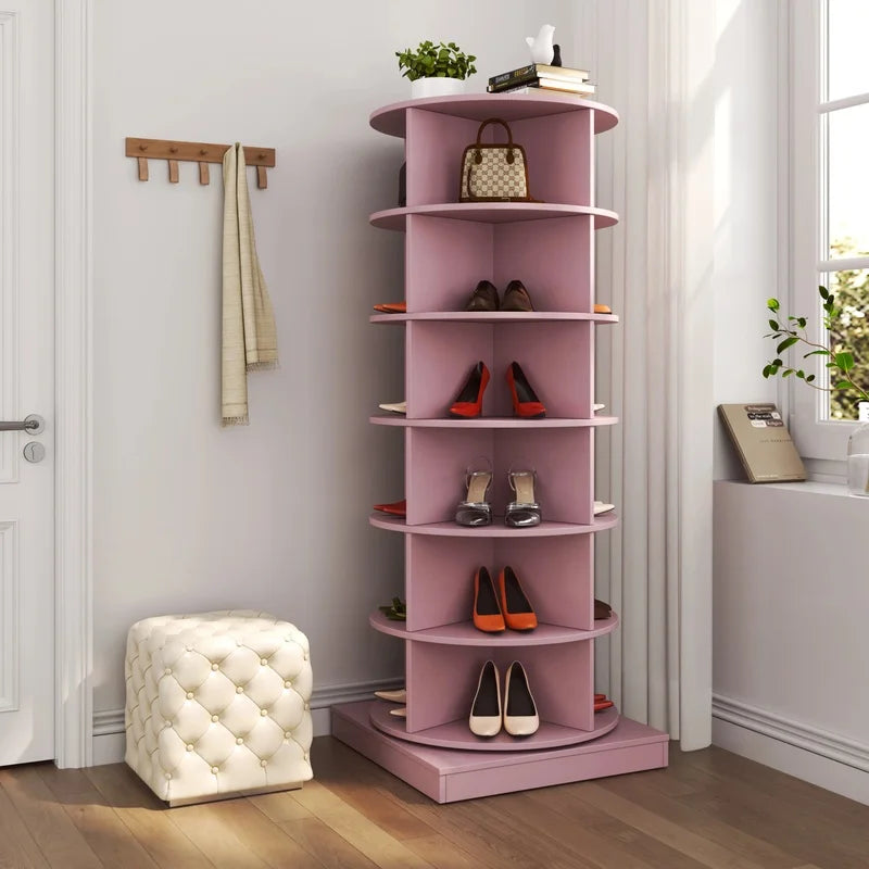 New 360-Degree Rotating Pink Shoe Cabinet with 7 Layers for Storing Up to 28 Pairs of Shoes