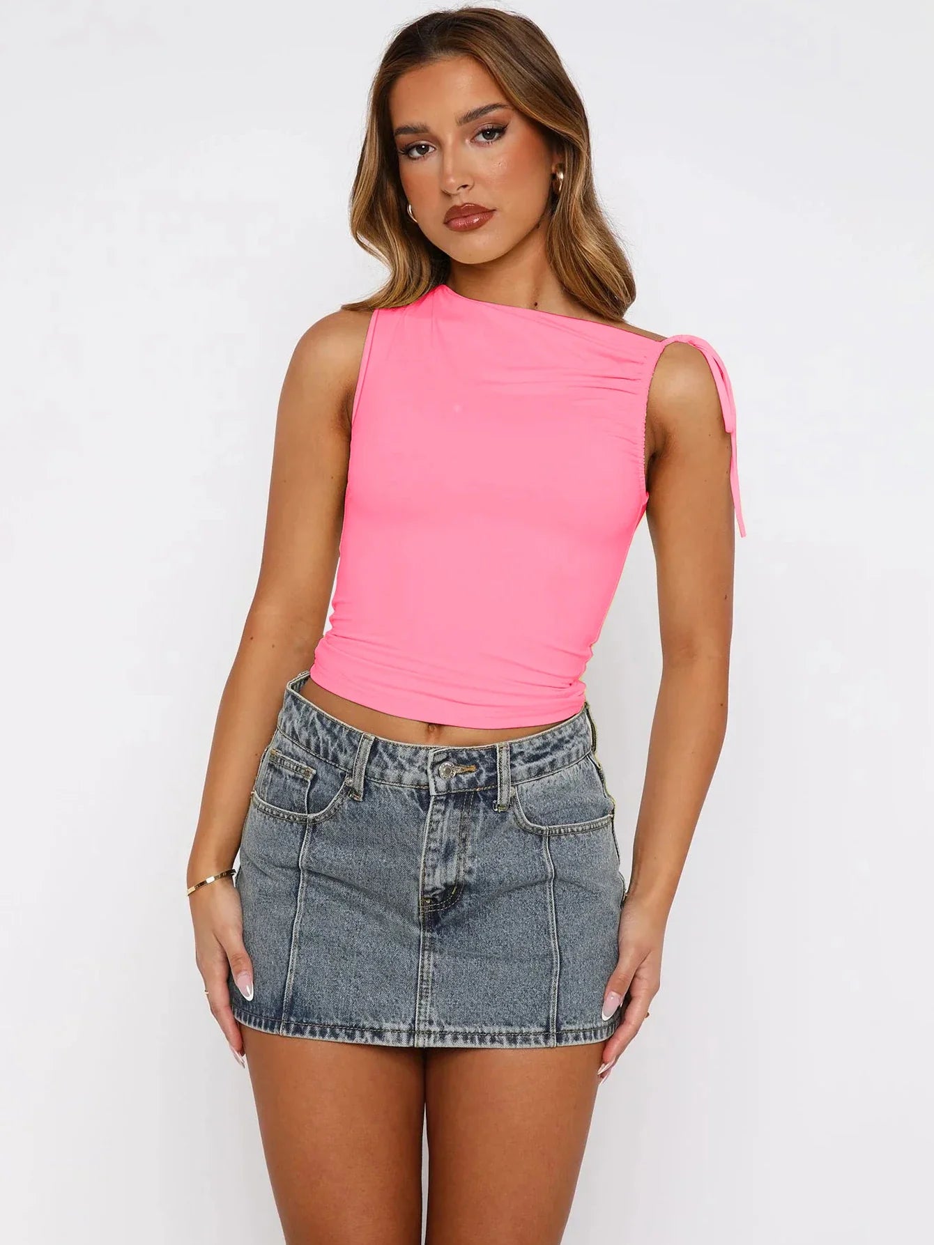 Sleeveless Skew Collar Ruched Lace Up Bodycon Crop Top Sexy Elegant l