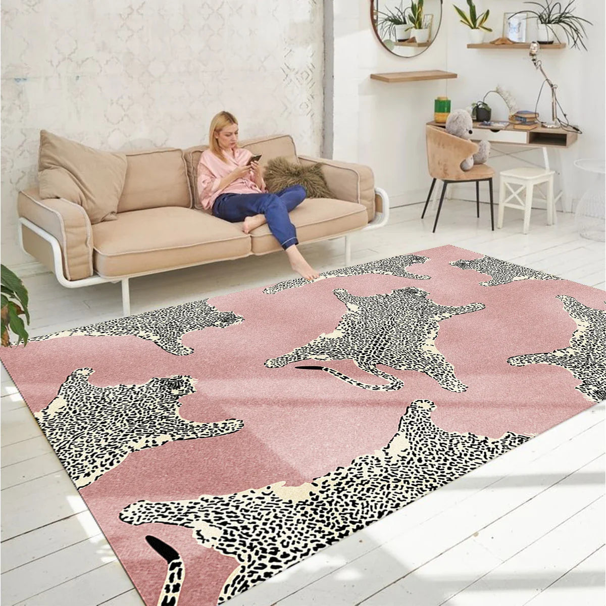 Pink Leopard Vintage Floor Mat Machine Washable Bedroom Soft Plush Carpet