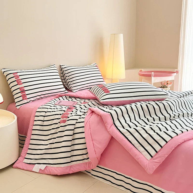 Stripe Quilt set Pink And White Bedding Set with Flat Sheet Set Soft  Fluffy Embroidery Quilt Set