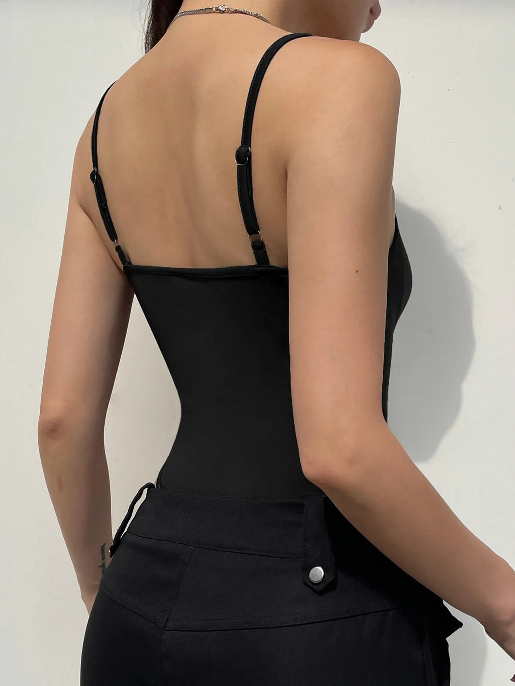 Sleeveless Skinny Shirring Skinny Sexy Spaghetti Strap Bodysuit For Women Black Solid Simple Basic Camisole