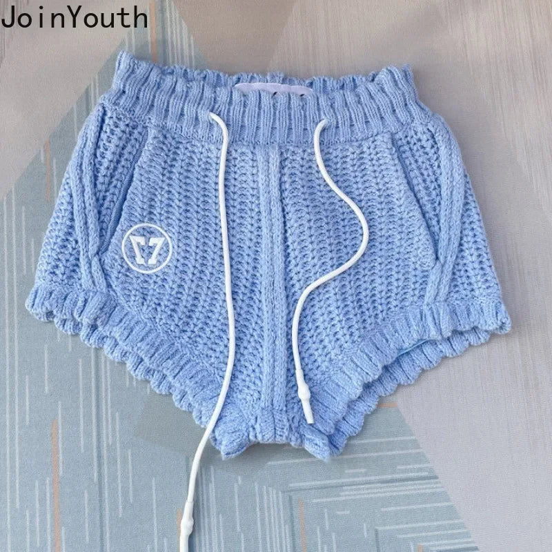 Knitted Clothing 2 Piece Womens Outfits Roupas Femme Zipper Letter Cropped Cardigan High Waist Casual Shorts Suit Set