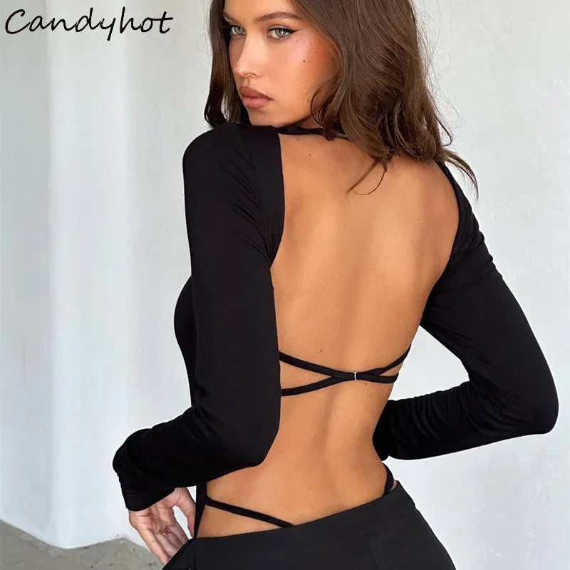 Sexy Lingerie Solid Backless Bodysuit Y2K Square-neck Long Sleeve Bodycon