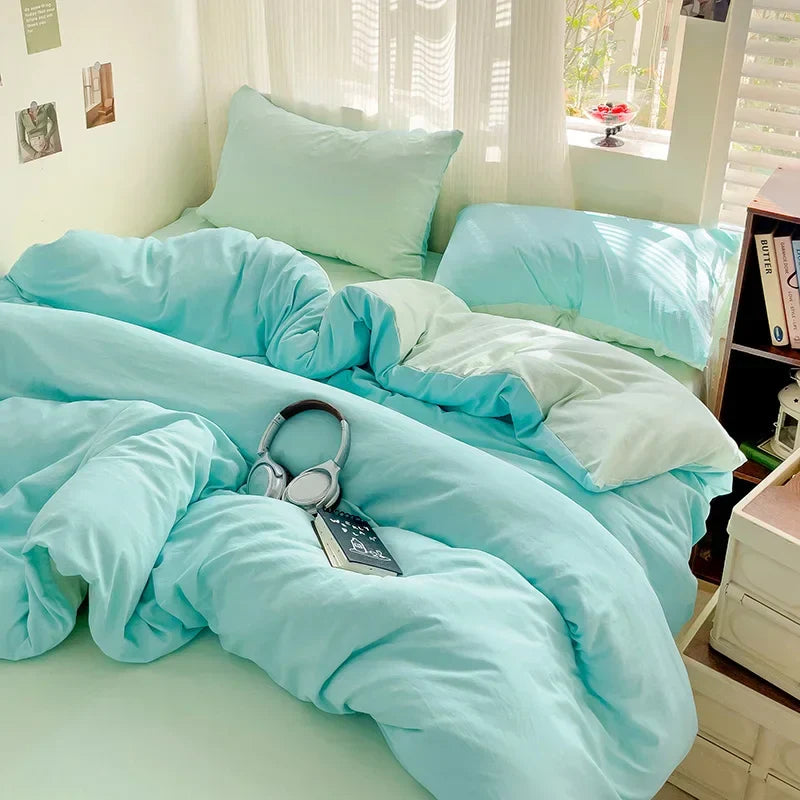 Solid Bed Linen Cotton Bedding Set 4pcs with Sheet Duvet Cover Pillowcases Single Couple Bedsheet