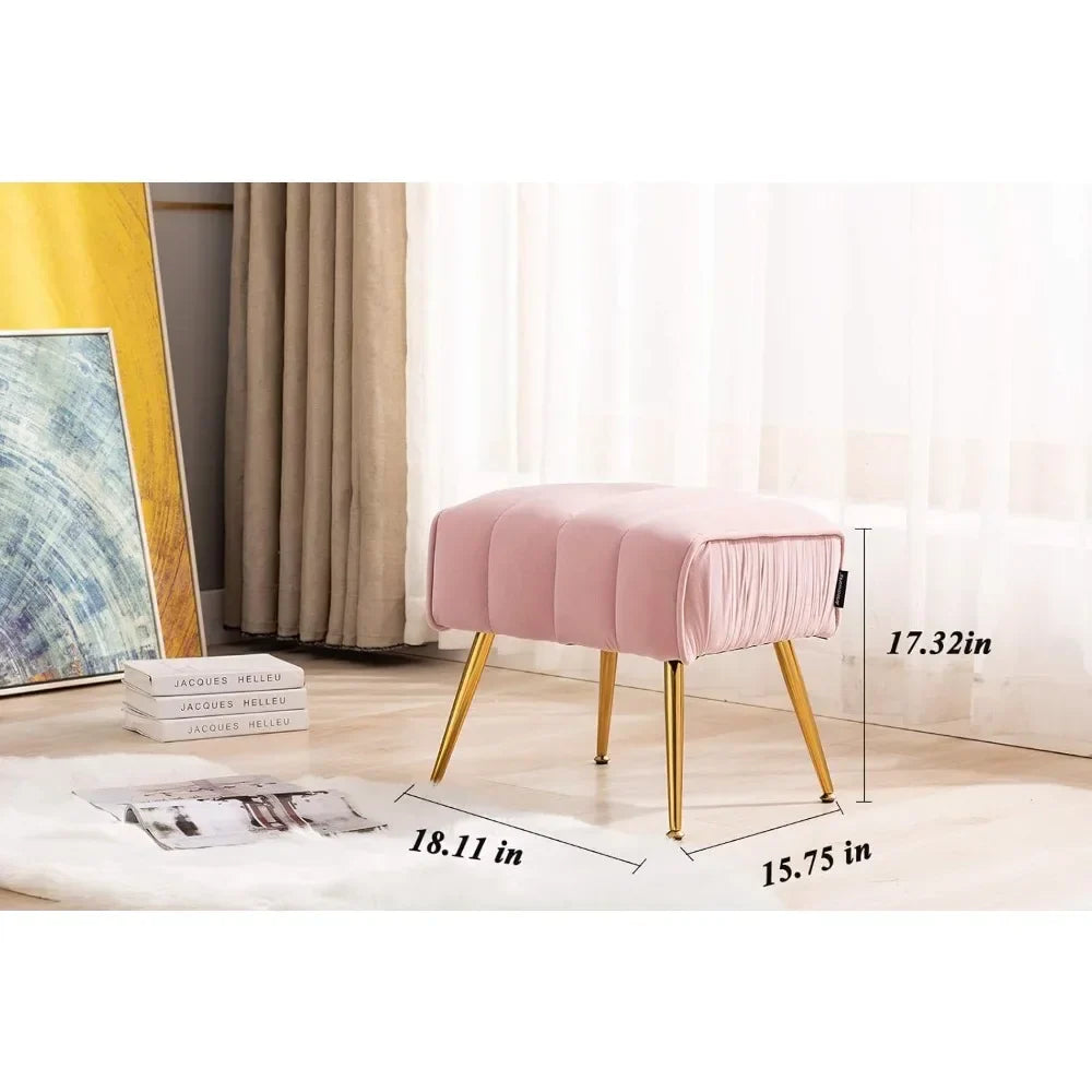 Pink Upholstered Velvet Ottoman with Gold Legs Metal Base for Foot Rest Stool Seat in Living Room Bedroom Hallway Entryway