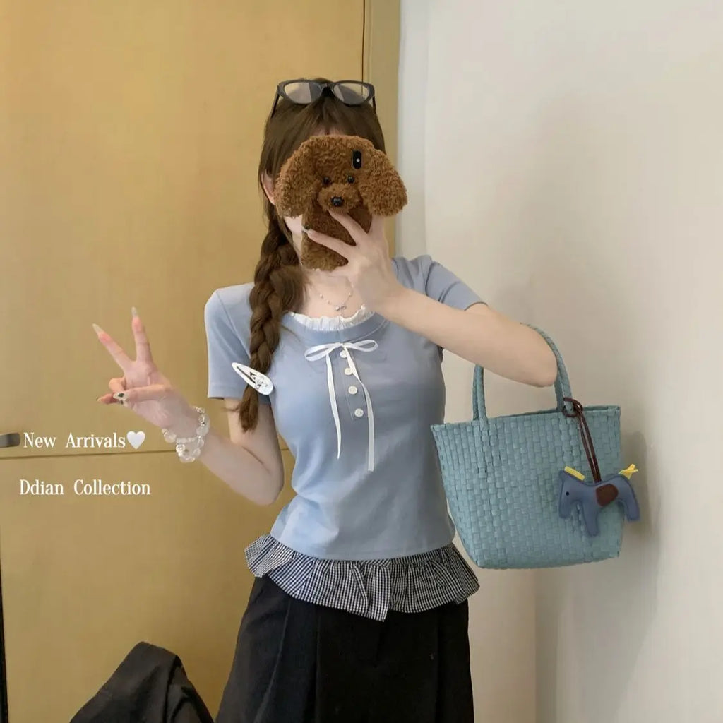 Sweet Style Fake Two-piece Bow Sweet Girl Top Short Sleeve T-shirt Slim Fit