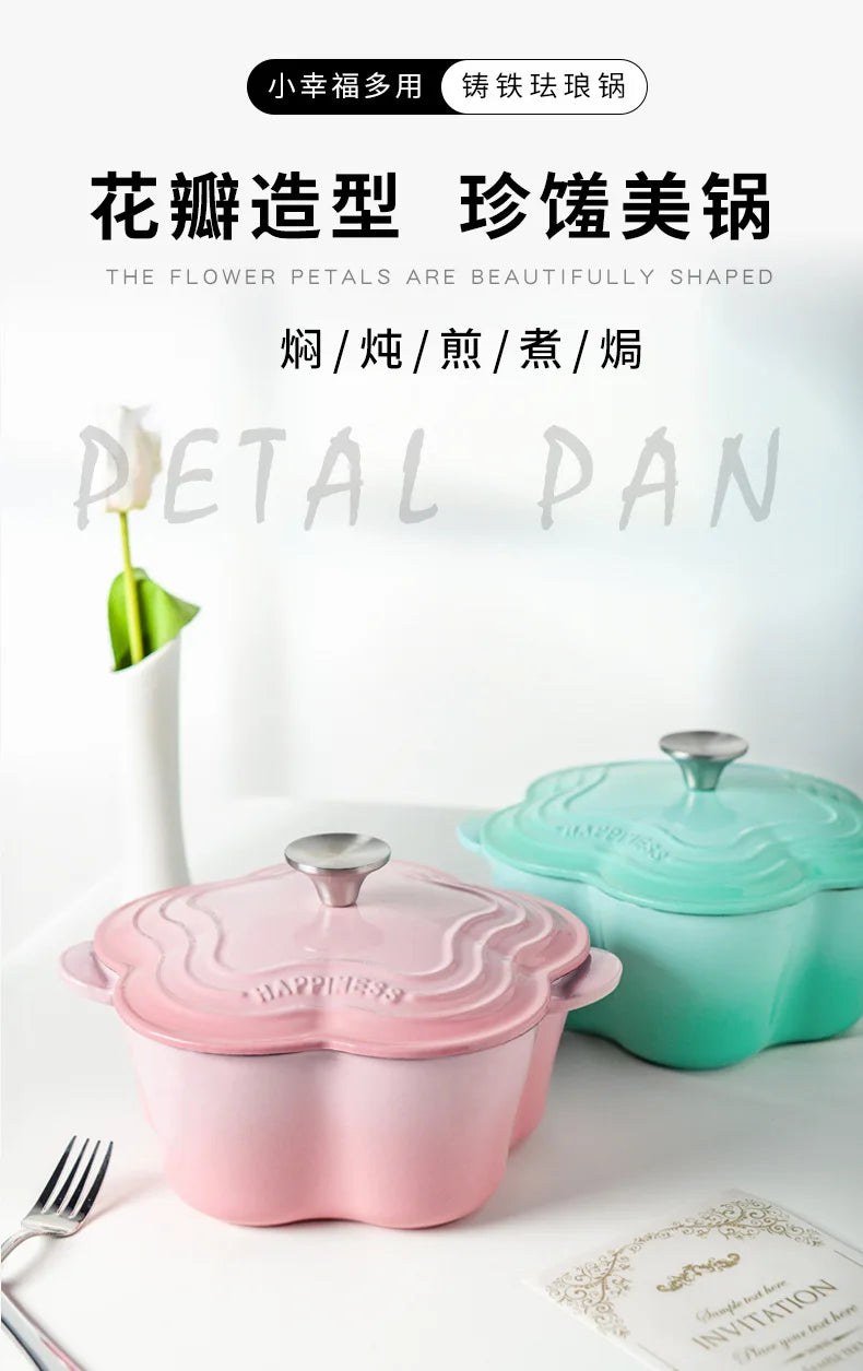 Petal Cast Iron Pots Dutch Oven Binaural Enamel Pot for Bake Bread and Casserole Dish Braising with Lid for All Heat Source